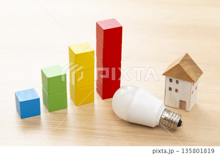 積み木のグラフと家のオブジェ 135801819