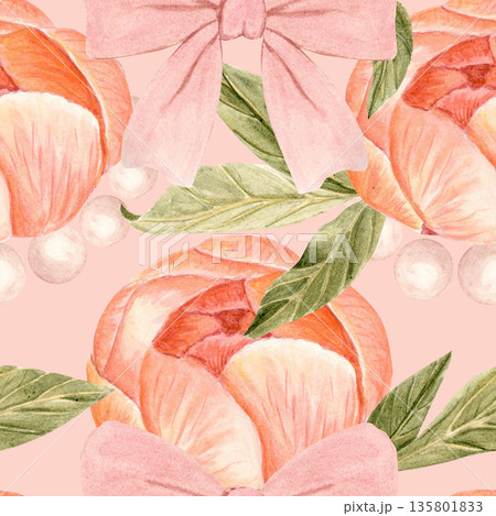 Peach peony flowers, leaves surrounded by soft pearl bracelets, ribbon watercolor seamstress pattern on pastel background. Perfect for fabric prints, wedding decor, feminine perfume branding Peach peony flowers, leaves surrounded by soft pearl bracelets, ribbon watercolor seamstress pattern on pastel background. Perfect for fabric prints, wedding decor, feminine perfume branding 135801833