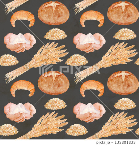 Crescent roll, round bread, wheat grains, flour sack. Seamless watercolor pattern on grey background, perfect for bakery packaging, kitchen textiles, menu design, wrapping paper, rustic food branding 135801835