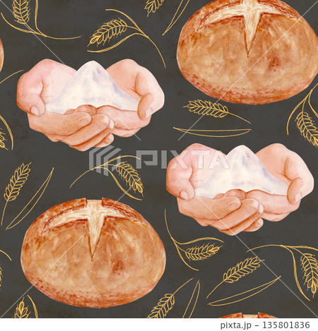Bread, flour in cupped hands, golden wheat elements watercolor seamless pattern on a dark background. Natural bakery theme, warm tones, ideal for packaging, branding, menus, and artisan food projects 135801836
