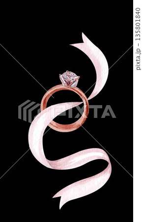 Engagement ring, flowing ribbon, hand painted watercolor isolated on black for proposal design, luxury branding, romantic stationery, invitation, jewelry marketing editorial decor. Vertical soft blush 135801840