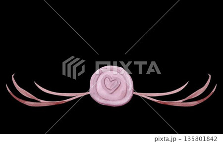 Watercolor wax seal with heart and flowing ribbons, hand painted in soft blush tones, isolated on black background. Elegant vintage design element for branding, packaging, fashion and luxury projects 135801842