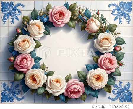レトロな白と青のタイル背景に飾られたバラのリース。中央にコピースペースのあるエレガントなフラワーフレ 135802106