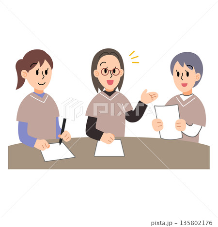 ミーティングをするスクラブスーツを着た三人の女性のイラスト ミーティングをするスクラブスーツを着た三人の女性のイラスト 135802176