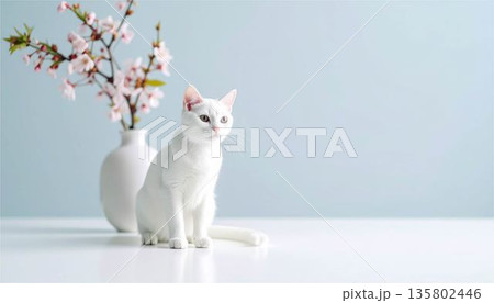 花瓶の桜を眺める白い子猫。春のインテリア、ミニマリズム、癒やし、コピースペース付きの静かな背景素材 花瓶の桜を眺める白い子猫。春のインテリア、ミニマリズム、癒やし、コピースペース付きの静かな背景素材 135802446