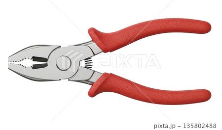 Red handled pliers for gripping and bending metal objects 135802488