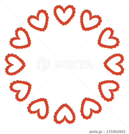 Whimsical vector illustration of a circular frame made of decorative folk style hearts. Cute hand drawn doodle design in red and white, perfect for Valentines Day cards, invitations, posters. 135802601