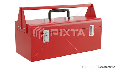 Red metal toolbox with handle and silver latches 135802642
