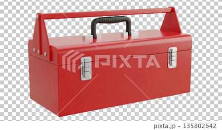 Red metal toolbox with handle and silver latches 135802642