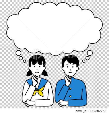 吹き出しと考えている学生の男女 135802746