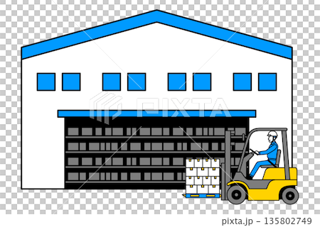物流倉庫とフォークリフトで荷物を運ぶ作業員の男性 135802749