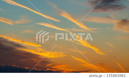 飛行機雲の跡がたくさんある夕暮れの空　c-1 16:9 135803061