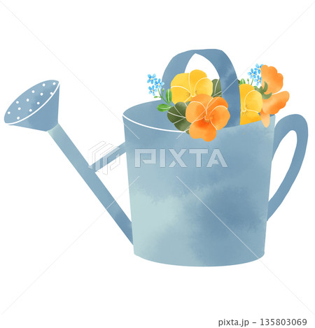 青いジョウロに生けた水彩風の パンジーと忘れな草のイラスト 135803069