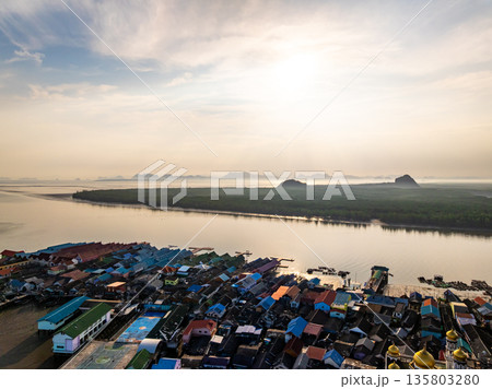 Aerial view of Panyee island in Phang Nga Thailand,Wide angle landscape Floating village, Koh Panyee fishing village island in Phang Nga, Thailand 135803280