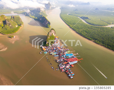 Aerial view of Panyee island in Phang Nga Thailand,Wide angle landscape Floating village, Koh Panyee fishing village island in Phang Nga, Thailand 135803285