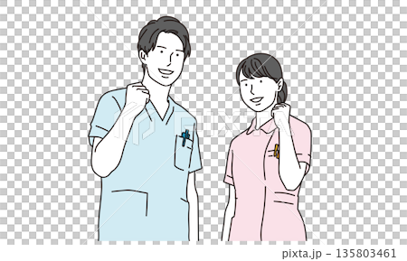 圖：一名男護士和一名女護士面帶微笑，舉起雙臂 135803461