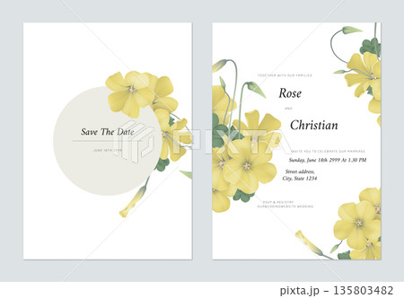 Floral wedding invitation card template design, Oxalis stricta flowers and leaves on white Floral wedding invitation card template design, Oxalis stricta flowers and leaves on white 135803482
