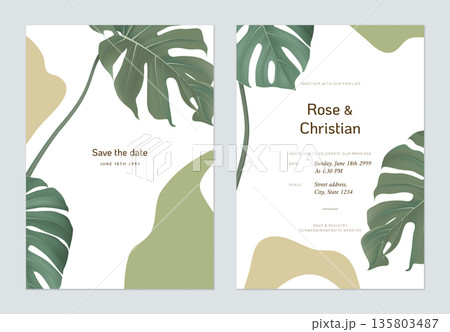 Floral wedding invitation card template design, Split-leaf Philodendron on white 135803487