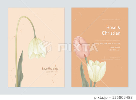 Floral wedding invitation card template design, yellow and pink tulip flowers with lives Floral wedding invitation card template design, yellow and pink tulip flowers with lives 135803488