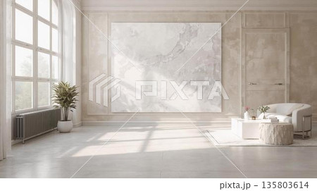 大きなアートパネルが映える上品でミニマルなリビング空間 135803614