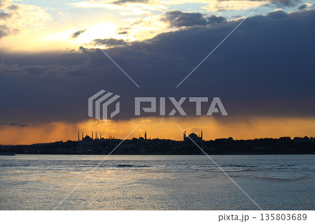 Sillhouette of Istanbul at sunset.  Ramadan time with the muslim city istanbul silhouette 135803689