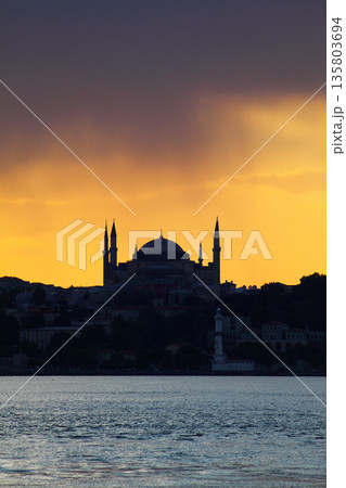 Sillhouette of Istanbul at sunset.  Ramadan time with the muslim city istanbul silhouette 135803694