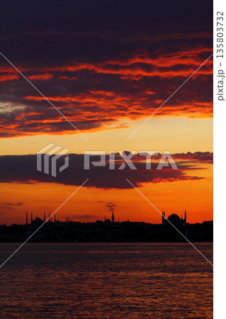 Sillhouette of Istanbul at sunset.  Ramadan time with the muslim city istanbul silhouette 135803732