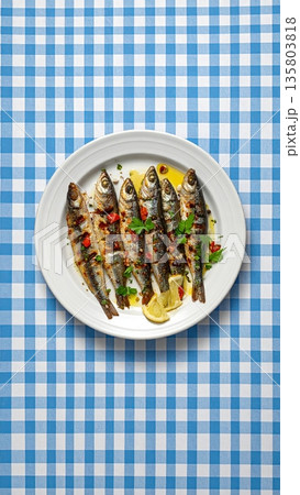 Grilled Sardines on Gingham Tablecloth Grilled Sardines on Gingham Tablecloth 135803818
