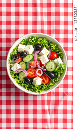 Greek Salad on Gingham Tablecloth Greek Salad on Gingham Tablecloth 135803824