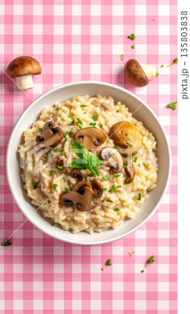 Porcini Mushroom Risotto on Gingham Tablecloth 135803838