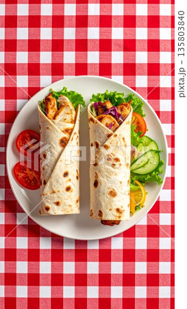 Chicken Kebab on Gingham Tablecloth 135803840