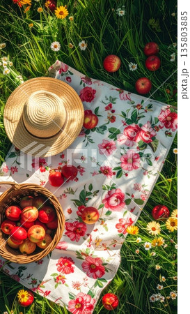 Floral Picnic Blanket with Wicker Basket Apples and Straw Hat 135803885