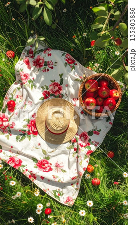 Floral Picnic Blanket with Wicker Basket Apples and Straw Hat 135803886