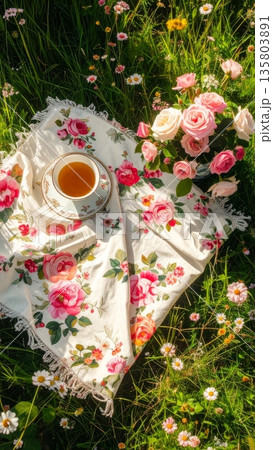 Floral Picnic Blanket with Porcelain Tea Cup and Rose Vase 135803891