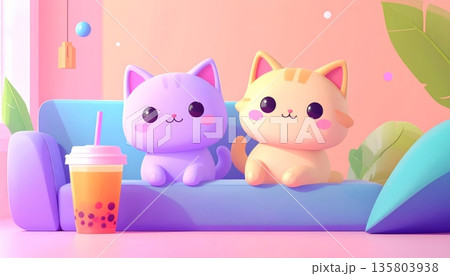 Love Cats with Bubble Tea on Sofa Love Cats with Bubble Tea on Sofa 135803938