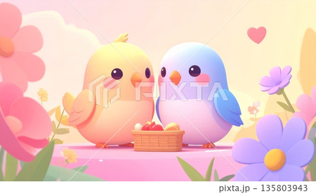 Lovebirds Picnic in Flower Garden 135803943
