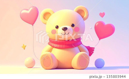 Teddy Bear with Red Scarf and Heart Balloons 135803944