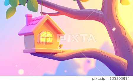 Birdhouse Hanging on Big Tree Branch 135803954