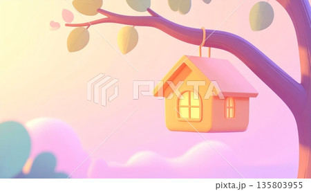 Birdhouse Hanging on Big Tree Branch 135803955