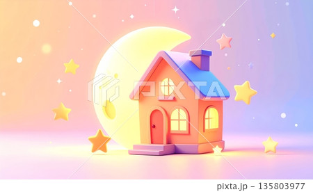 Glowing Moon House with Shining Stars 135803977