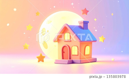 Glowing Moon House with Shining Stars 135803978
