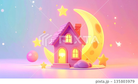 Glowing Moon House with Shining Stars 135803979