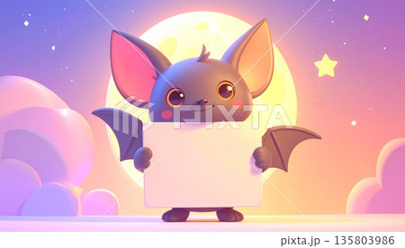 Bat Holding Blank Sign Under Full Moon 135803986