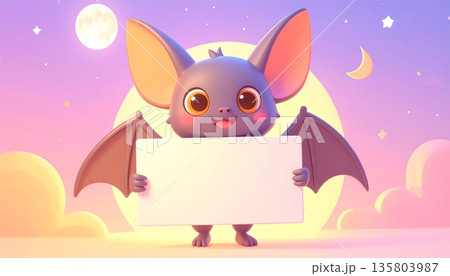 Bat Holding Blank Sign Under Full Moon Bat Holding Blank Sign Under Full Moon 135803987