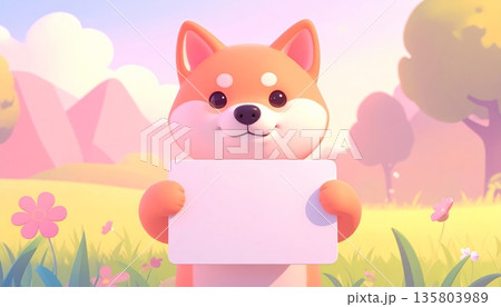 Shiba Inu Holding Blank White Sign in Sunny Meadow 135803989