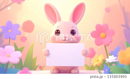 Rabbit Holding Blank Sign in Spring Flower Garden 135803993