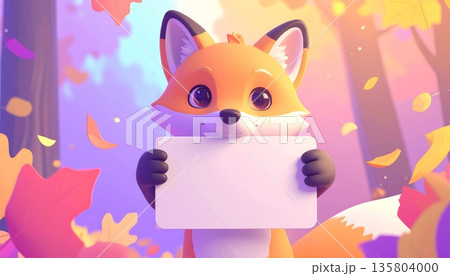 Fox Holding Blank Sign in Autumn Forest Fox Holding Blank Sign in Autumn Forest 135804000