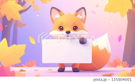Fox Holding Blank Sign in Autumn Forest 135804001