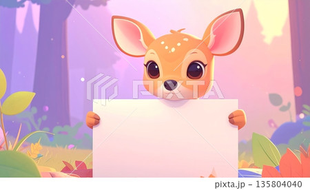 Baby Deer Holding Blank Sign in Misty Morning Forest 135804040
