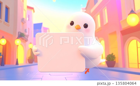 White Dove Holding Blank Sign in City Square 135804064